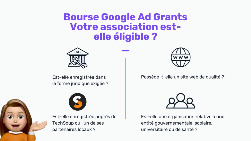 illustration donnant les questions à se poser pour savoir si votre association est éligible à la bourse Google Ad Grants