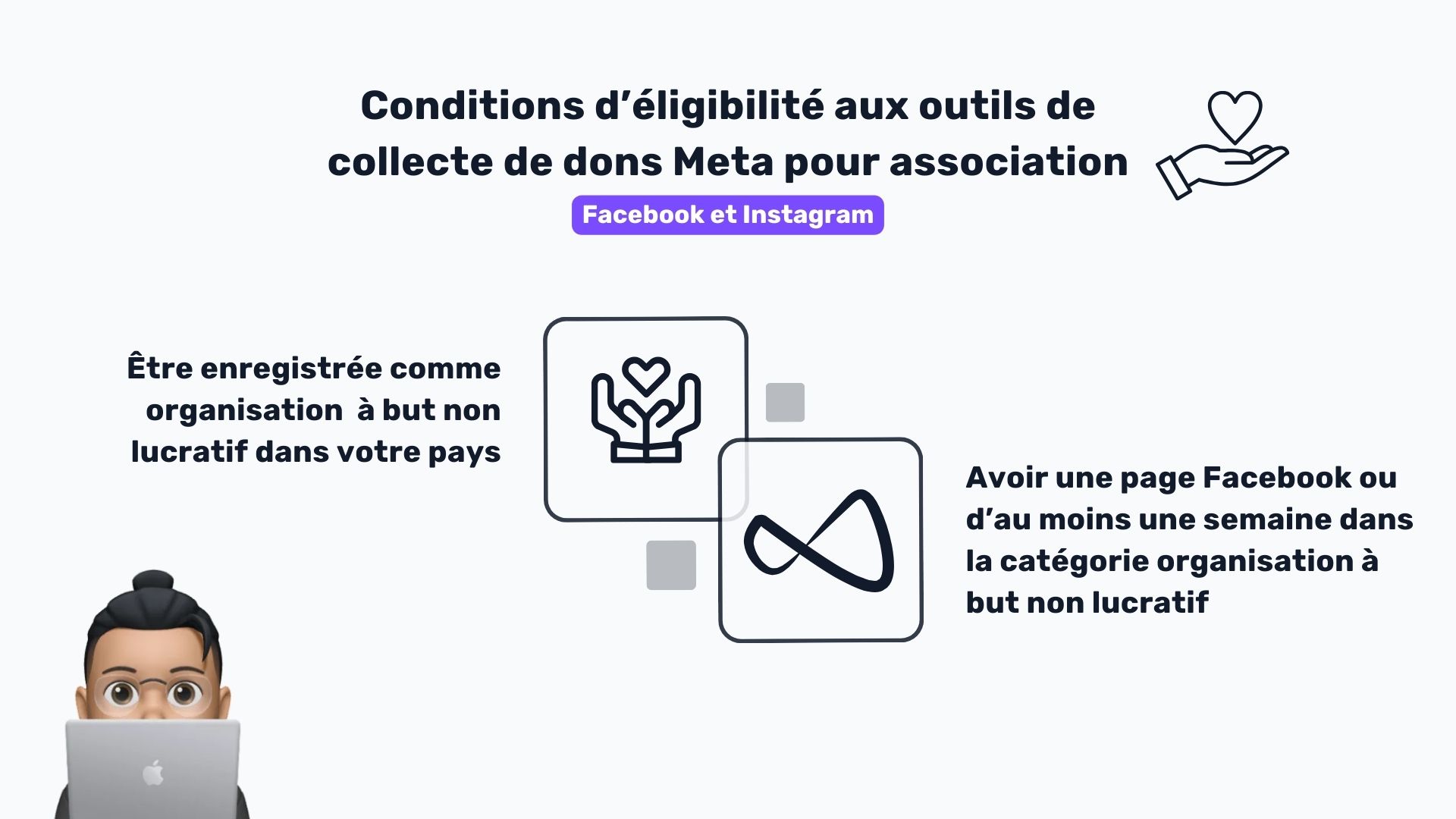 illustration avec les conditions d’éligibilité pour utiliser les outils de collecte de dons pour les associations de Meta